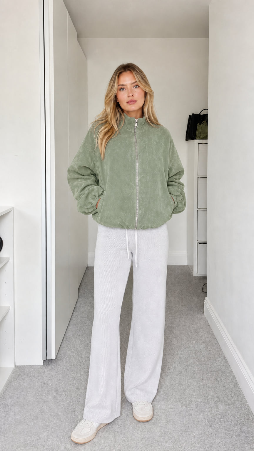 Full-body view of model wearing sage green fleece zip-up jacket