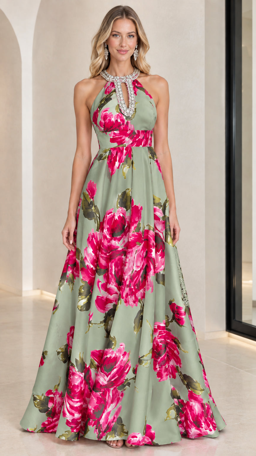 Full-length view of sage green floral print halter evening dress