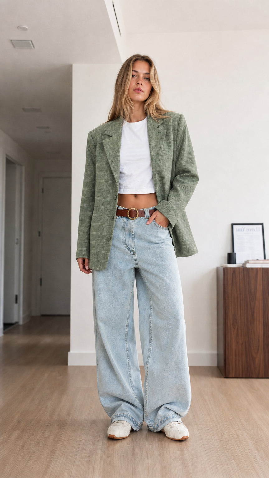 Model wearing sage green plaid casual suit jacket