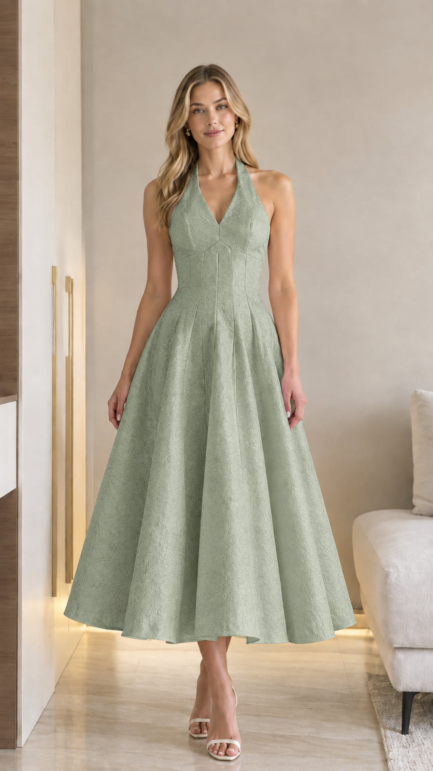 Front view of model wearing sage green halter V-neck jacquard A-line midi dress