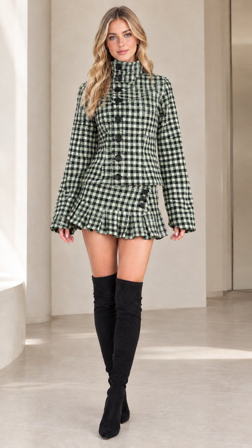 Front view of sage green check high-neck jacket and pleated skirt set