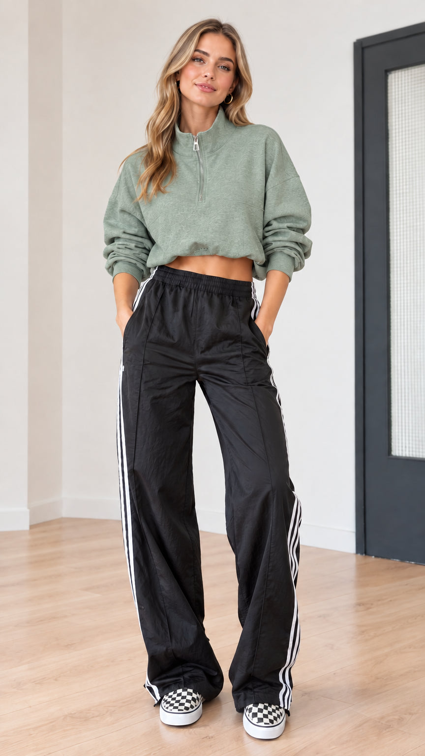 Sage green cropped half-zip sweatshirt paired with black wide-leg side-stripe track pants