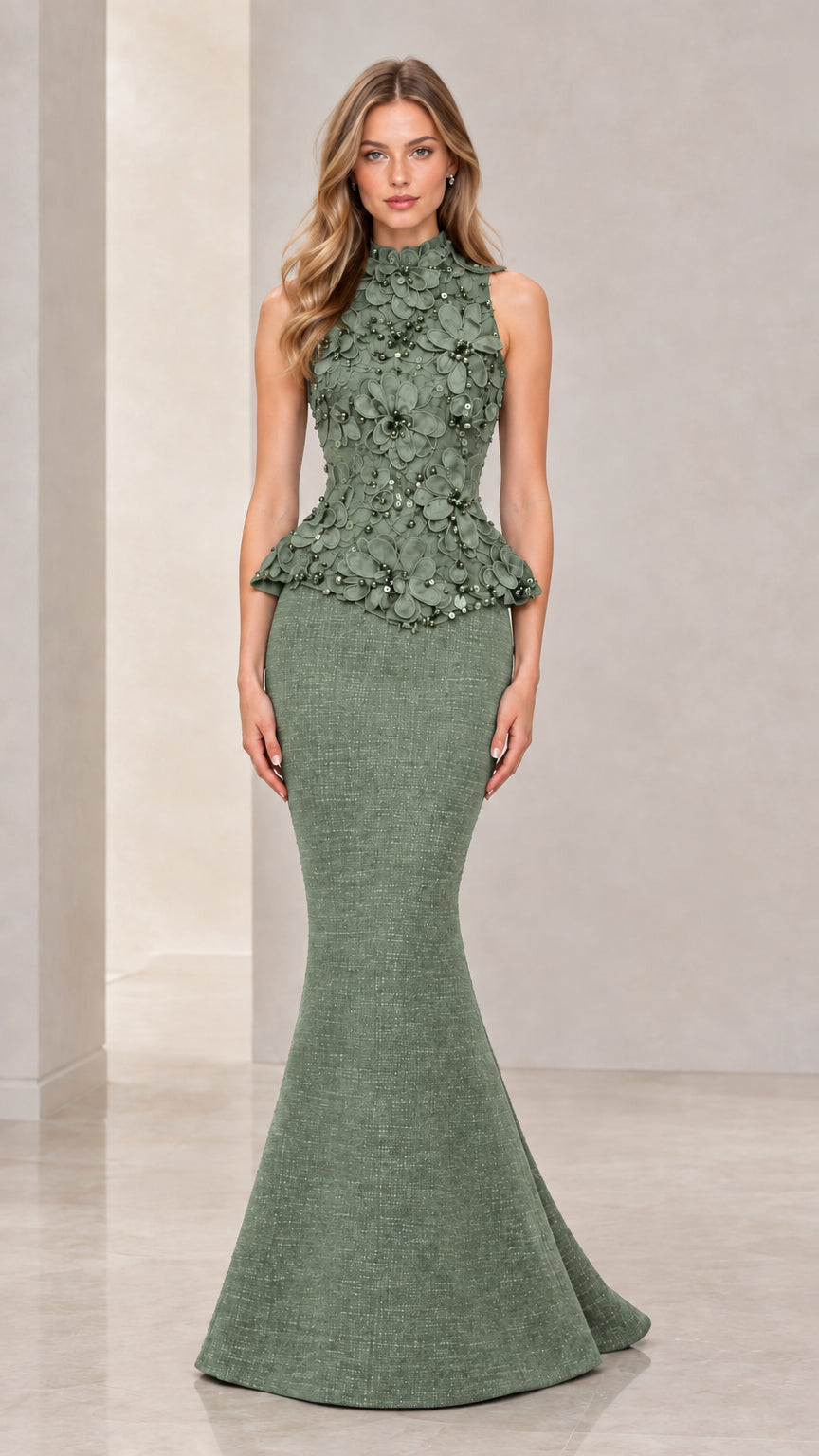 Front view of model wearing Sage Green floral appliqué peplum formal dress