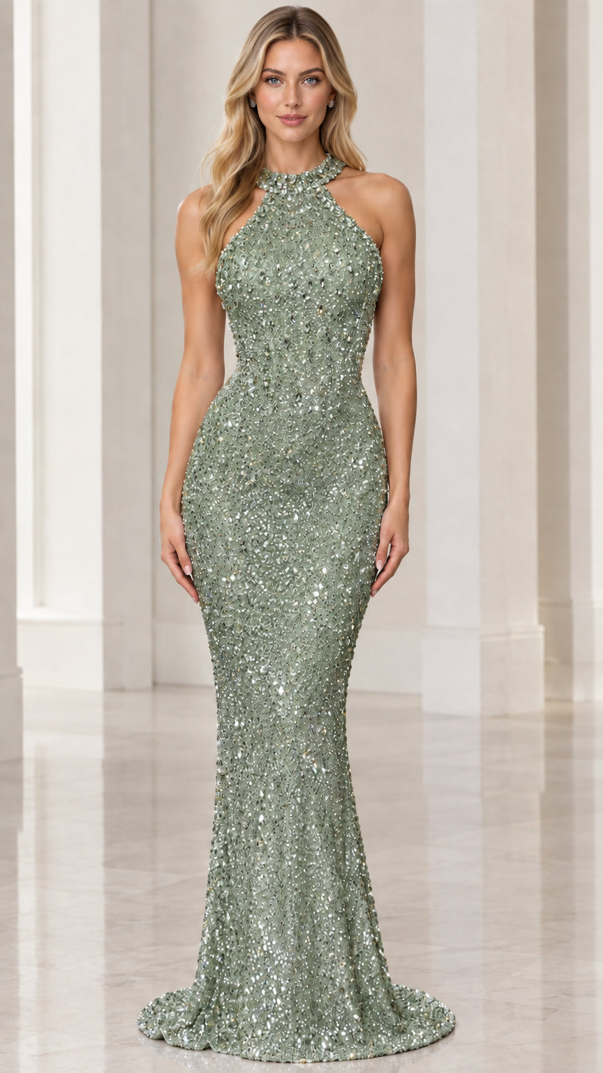 Front view of sage green sequin halter mermaid evening dress