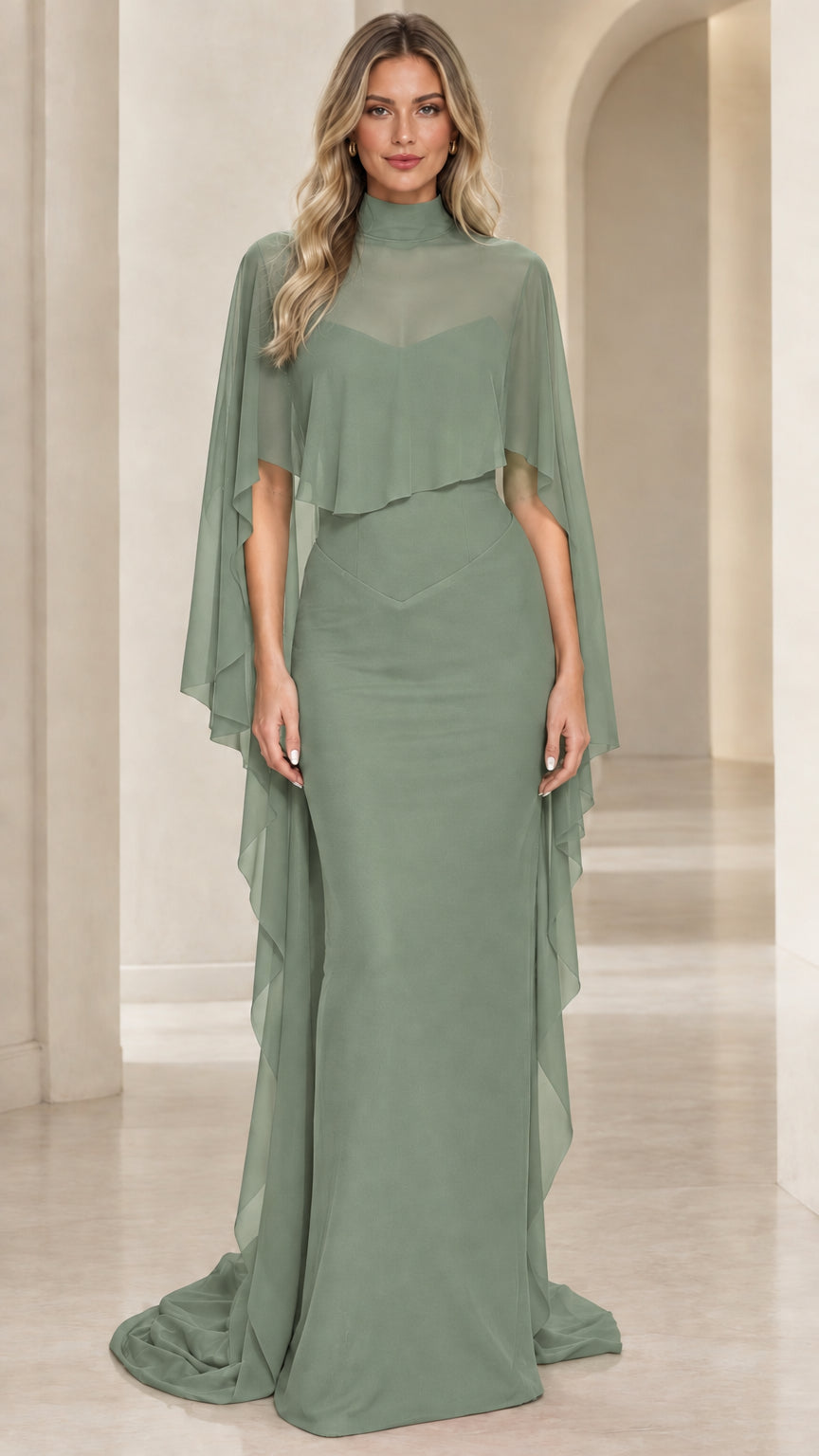 Sage green high neck cape evening gown