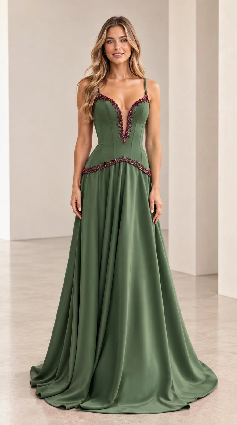 Front view of model wearing sage green beaded plunge neckline A-line gown