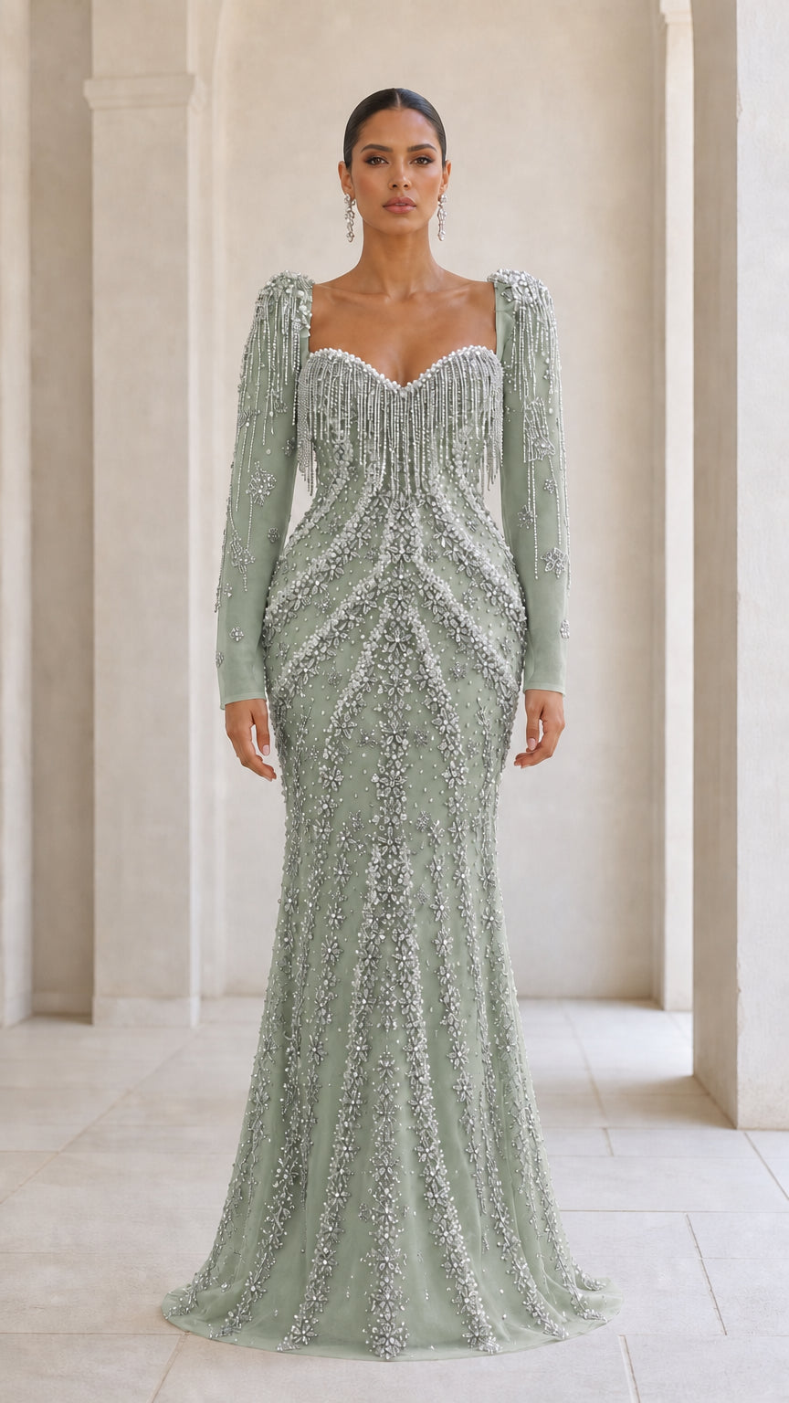 Sage green beaded long sleeve mermaid formal gown front view