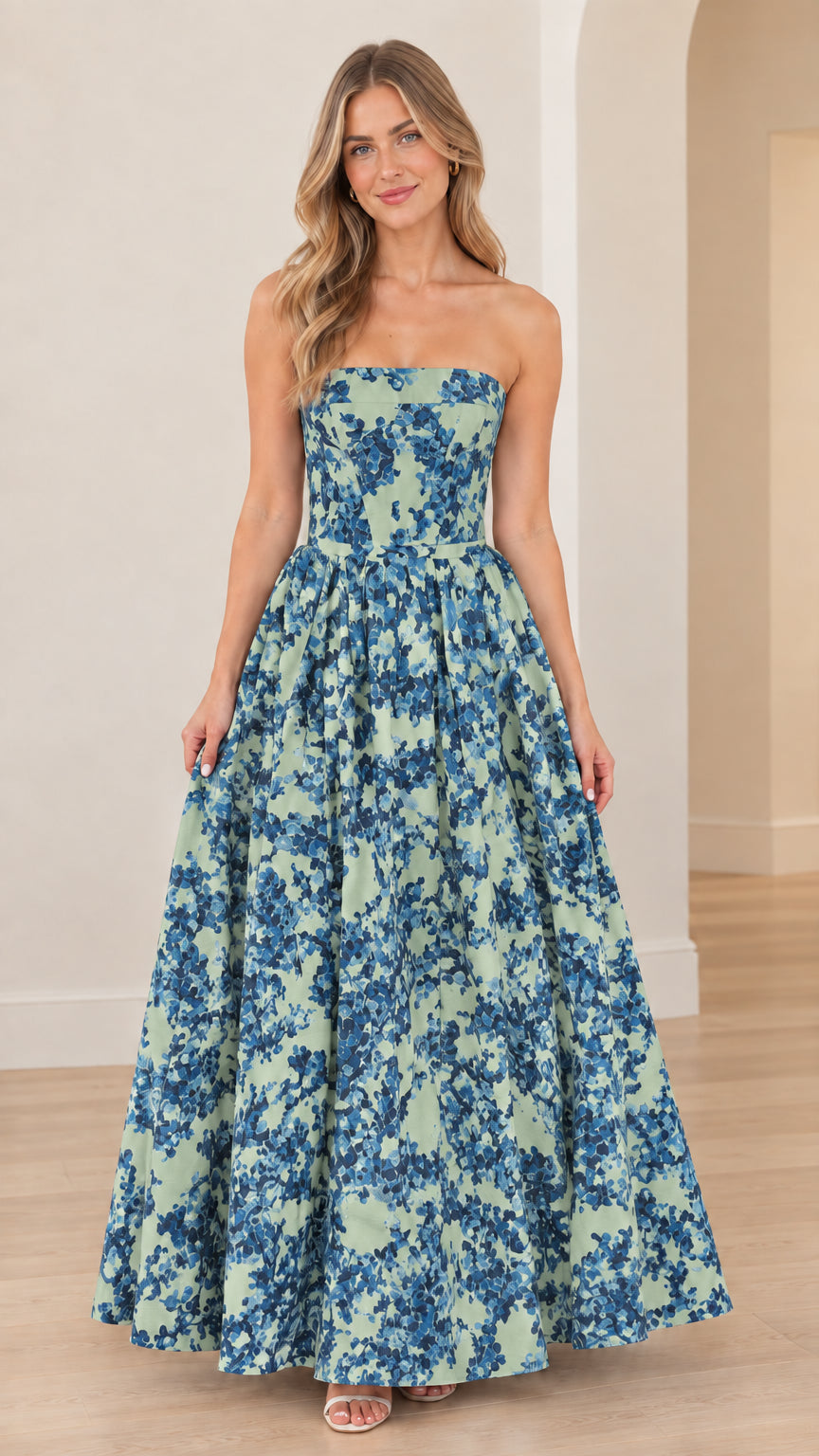 Full-length view of sage green floral strapless maxi dress