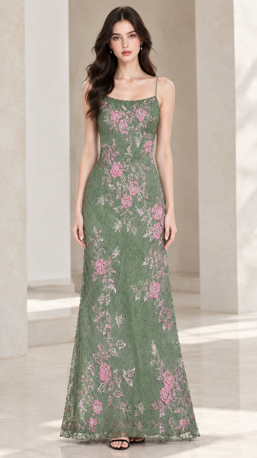 Front view of sage green floral embroidered spaghetti strap evening gown