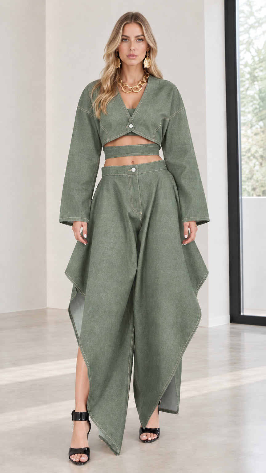 Full-body front view of sage green cropped top and draped wide-leg pants set