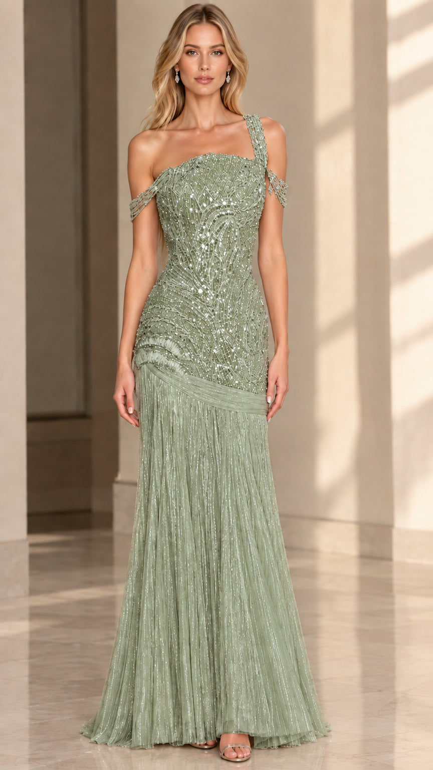 Front view of model wearing Sage Green beaded one-shoulder formal evening dress with pleated skirt
