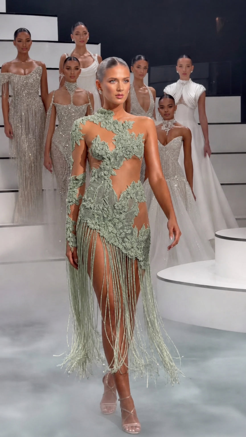 Sage green asymmetric one-sleeve lace fringe formal maxi dress