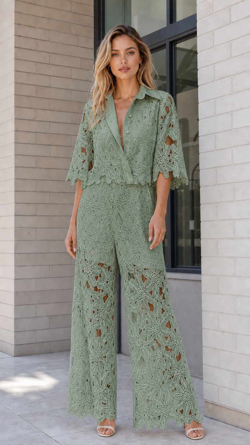 Model wearing sage green floral lace collared top and wide-leg pant set