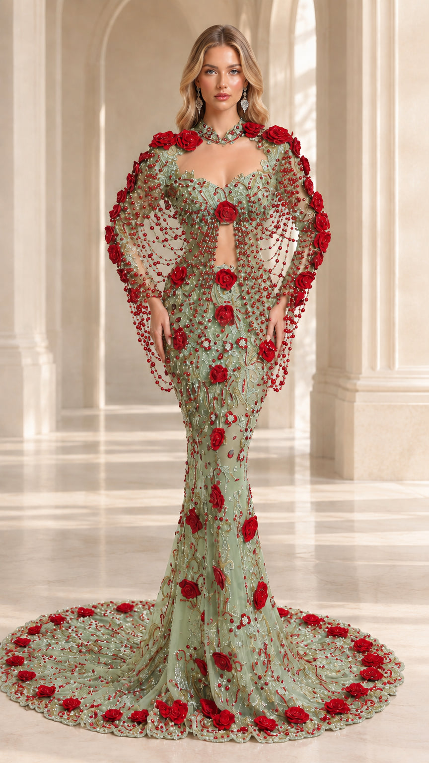 Sage green beaded mermaid evening gown with red floral applique and capelet