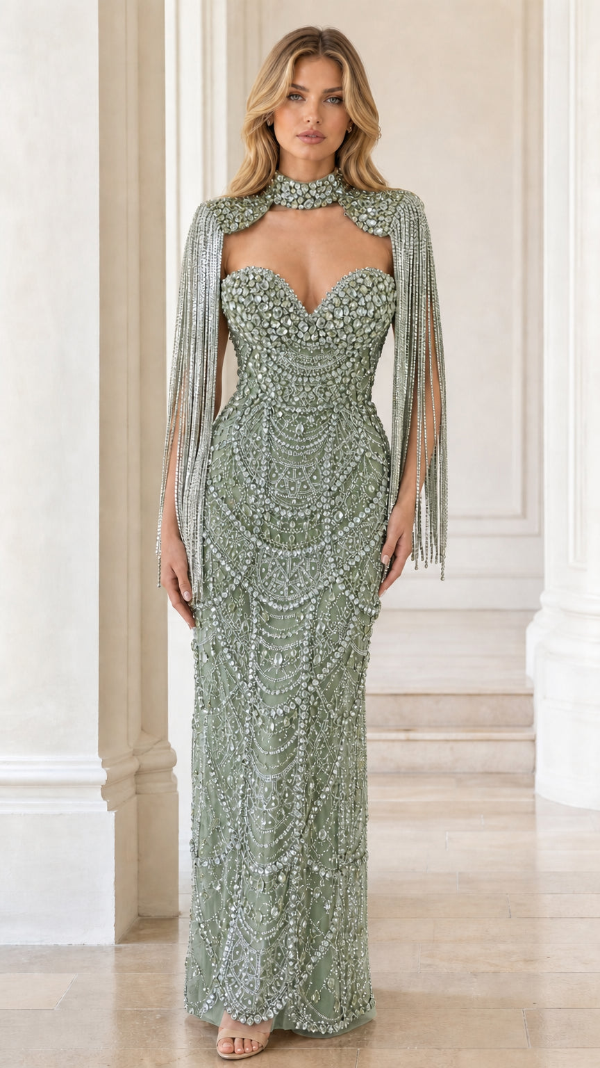 Front view of sage green beaded sweetheart maxi dress with fringe capelet