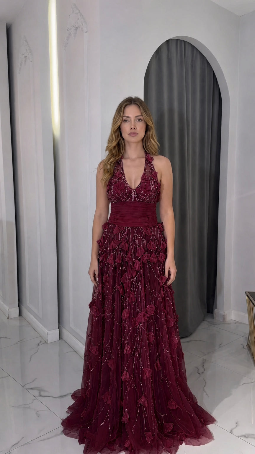 Burgundy wine red halter tulle formal gown with floral details