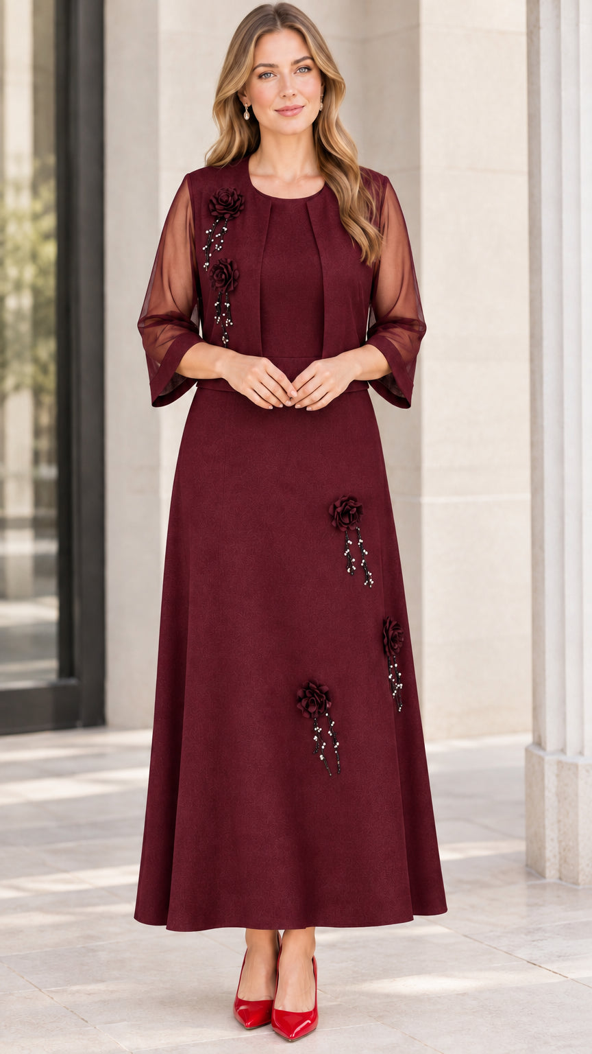 Burgundy wine two-piece formal evening dress set with floral embellishments