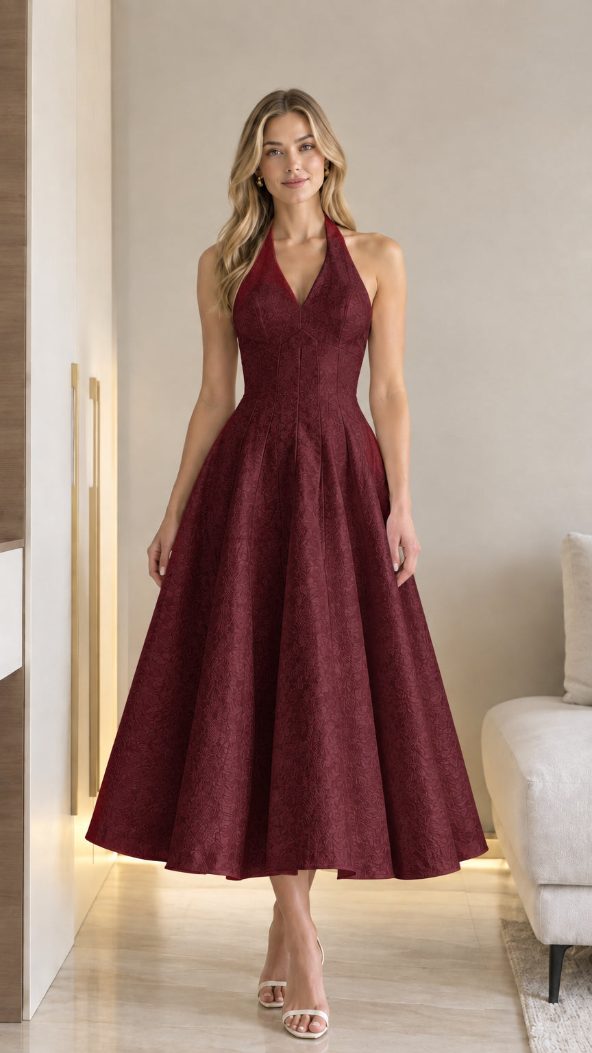 Front view of model wearing burgundy red halter V-neck jacquard A-line midi dress