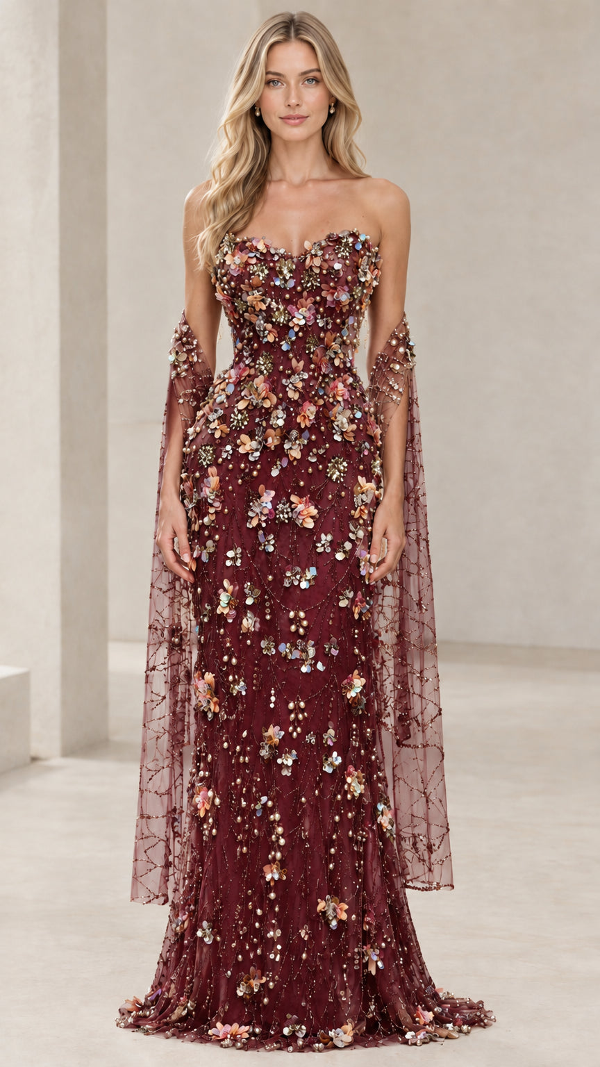 Burgundy wine 3D floral applique strapless floor-length evening gown with drape sleeves