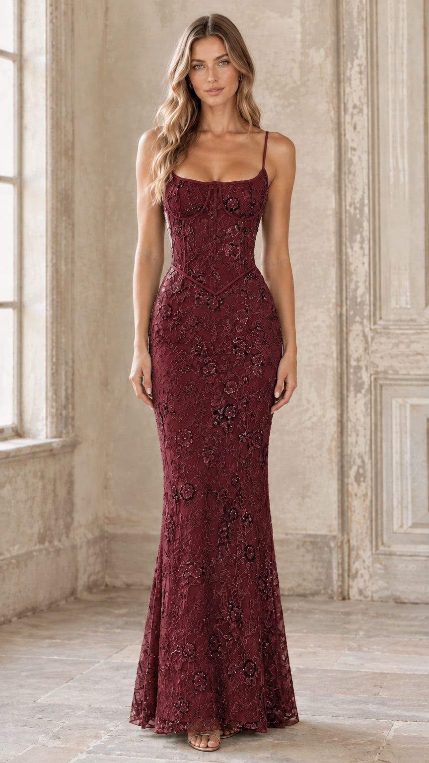 Burgundy wine embroidered sequin corset floor-length dress