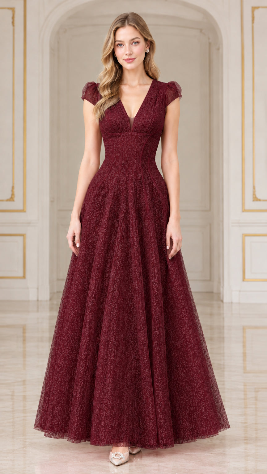 Front view of burgundy lace V-neck maxi gown with cap sleeves