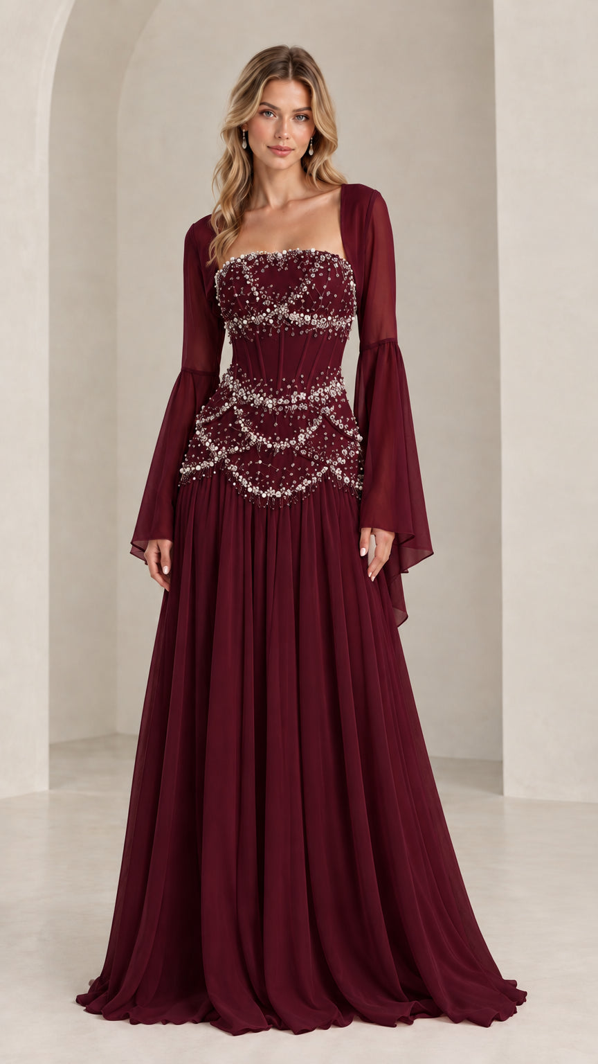 Burgundy wine red beaded corset formal gown with sheer bell sleeve shrug