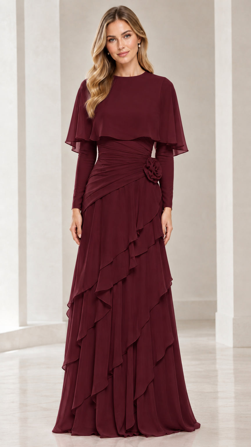 Burgundy wine red long-sleeve capelet tiered ruffle formal dress