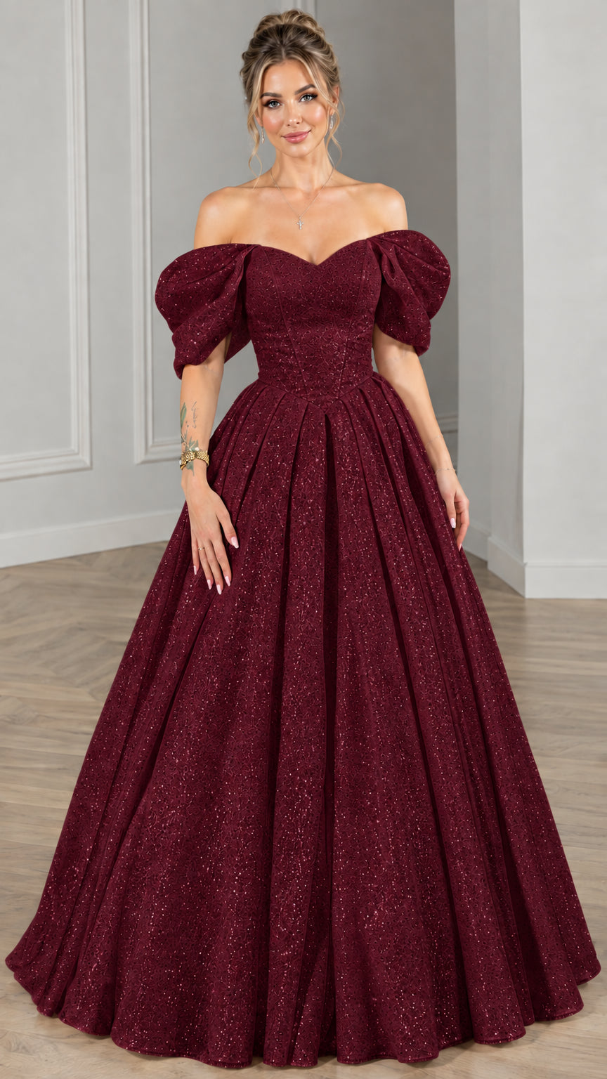 Model wearing burgundy wine red glitter off-the-shoulder ball gown