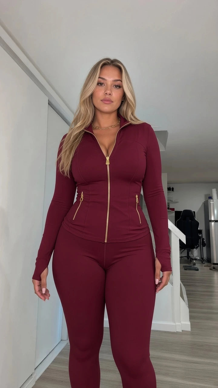 Woman wearing burgundy fitted full-zip jacket and matching leggings set