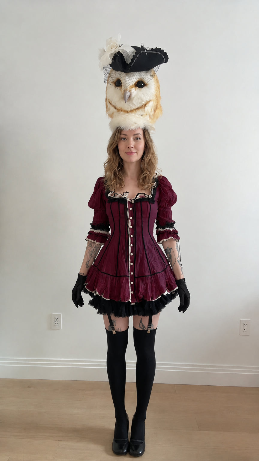 Burgundy gothic lolita mini dress with black contrast piping and ruffles