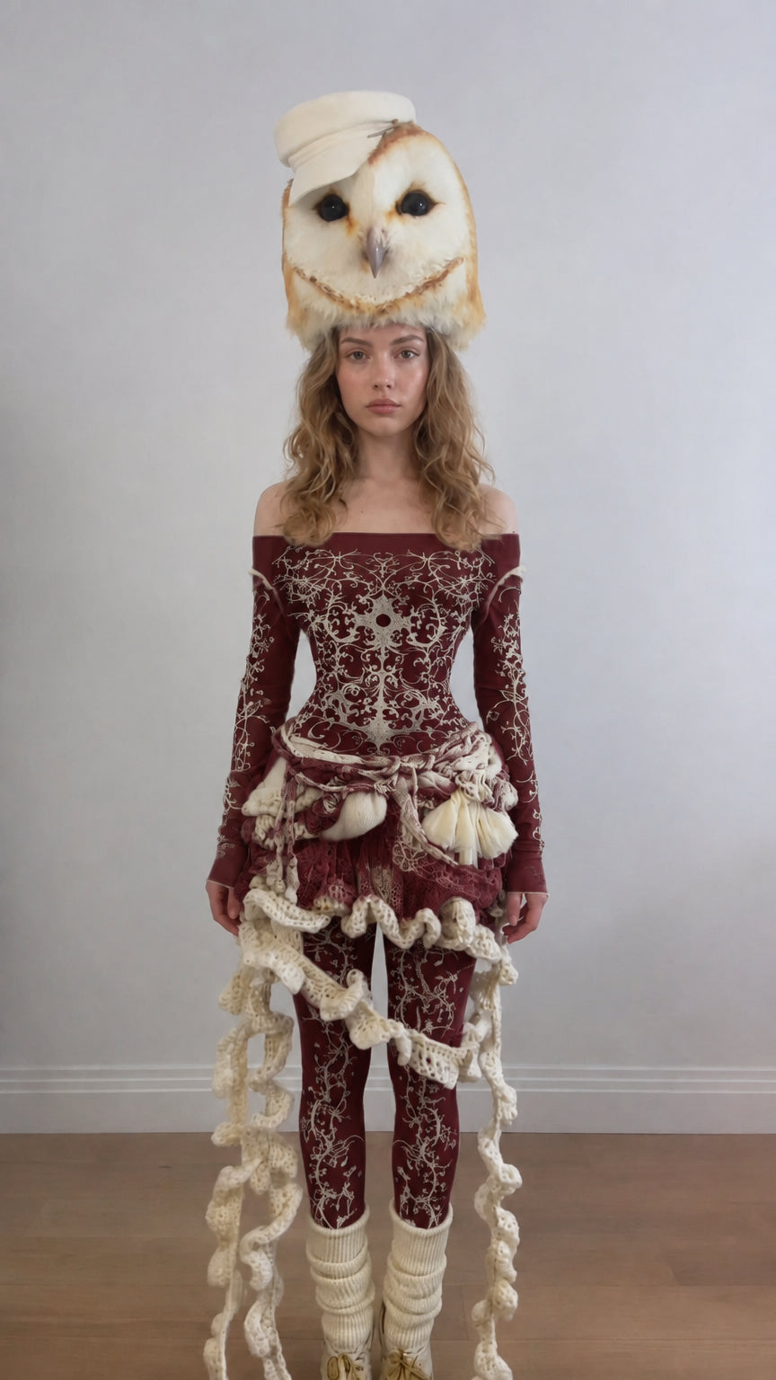 Front view of the Burgundy Red avant-garde baroque print bodysuit ensemble with textured drape