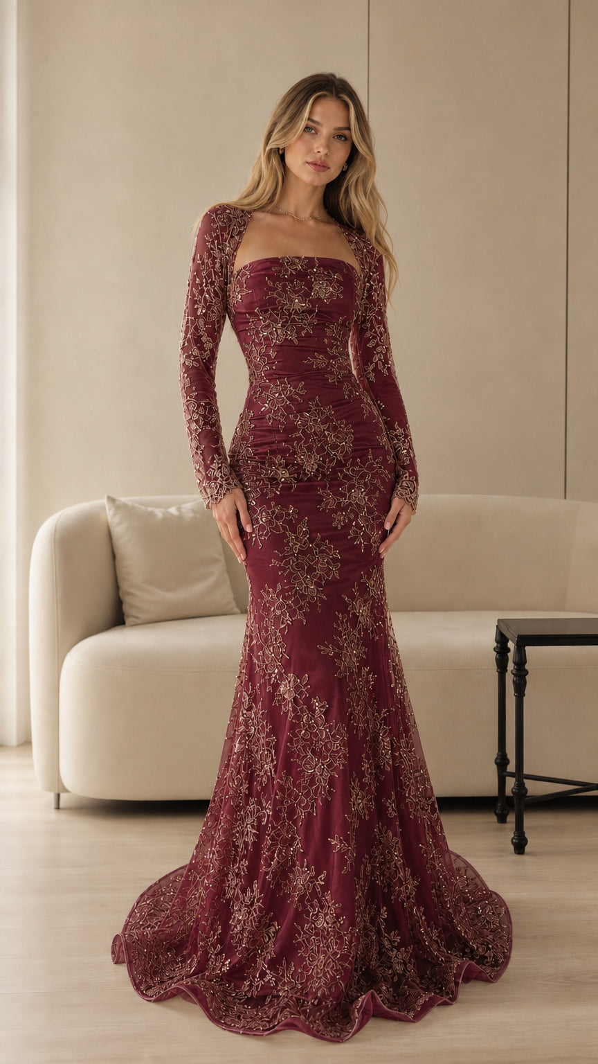 Burgundy wine red embroidered lace mermaid evening dress with shrug