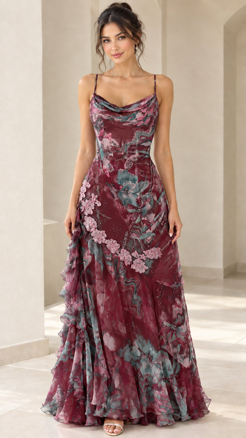 Front view of burgundy floral print cowl neck maxi evening dress on model