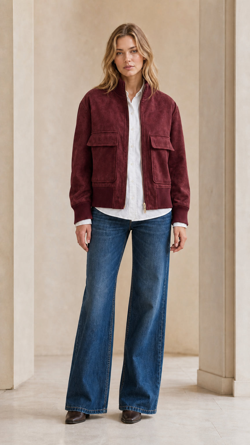 Full front view of model wearing burgundy faux suede bomber jacket