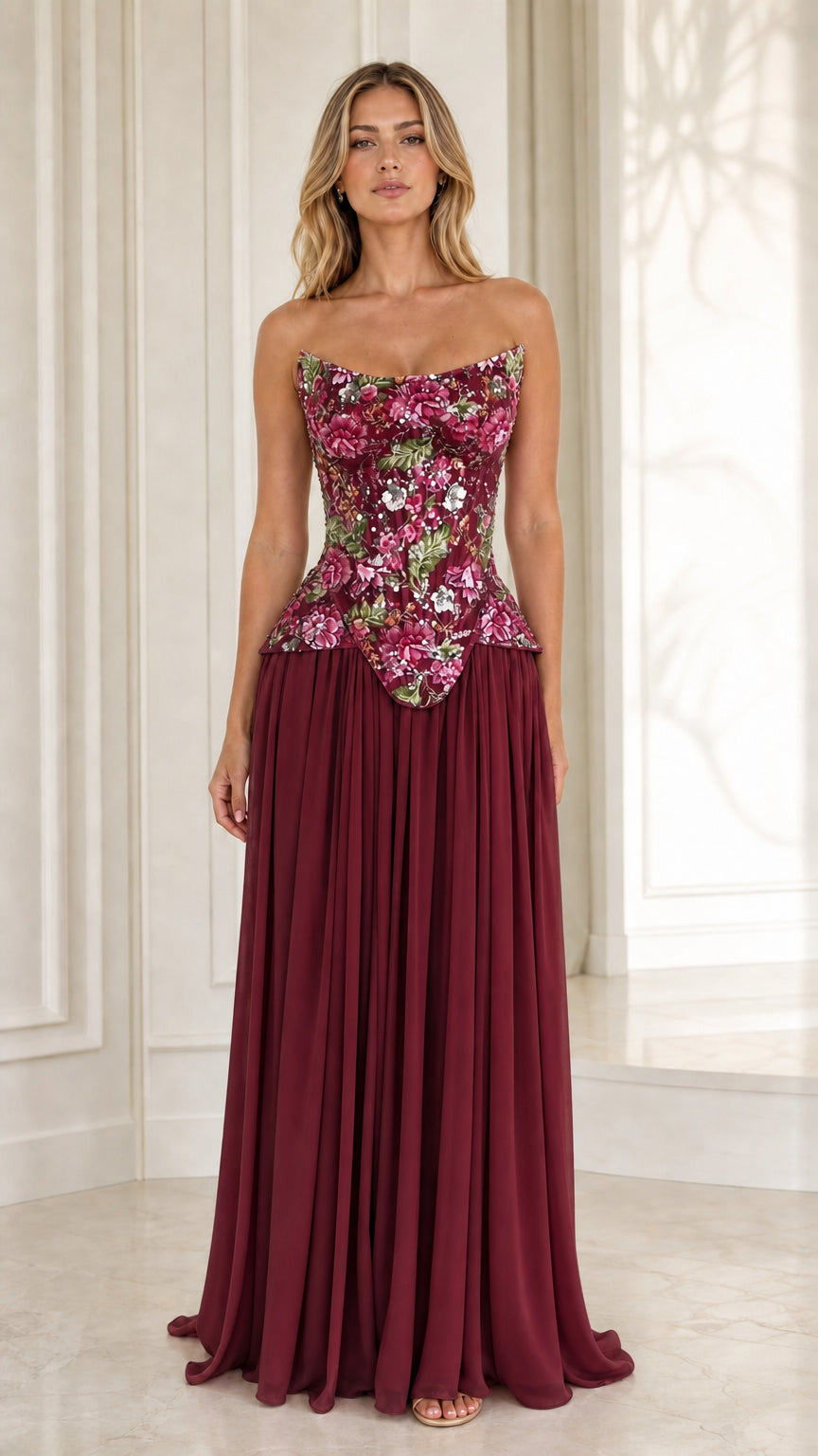 Burgundy strapless evening gown with floral embroidered corset bodice