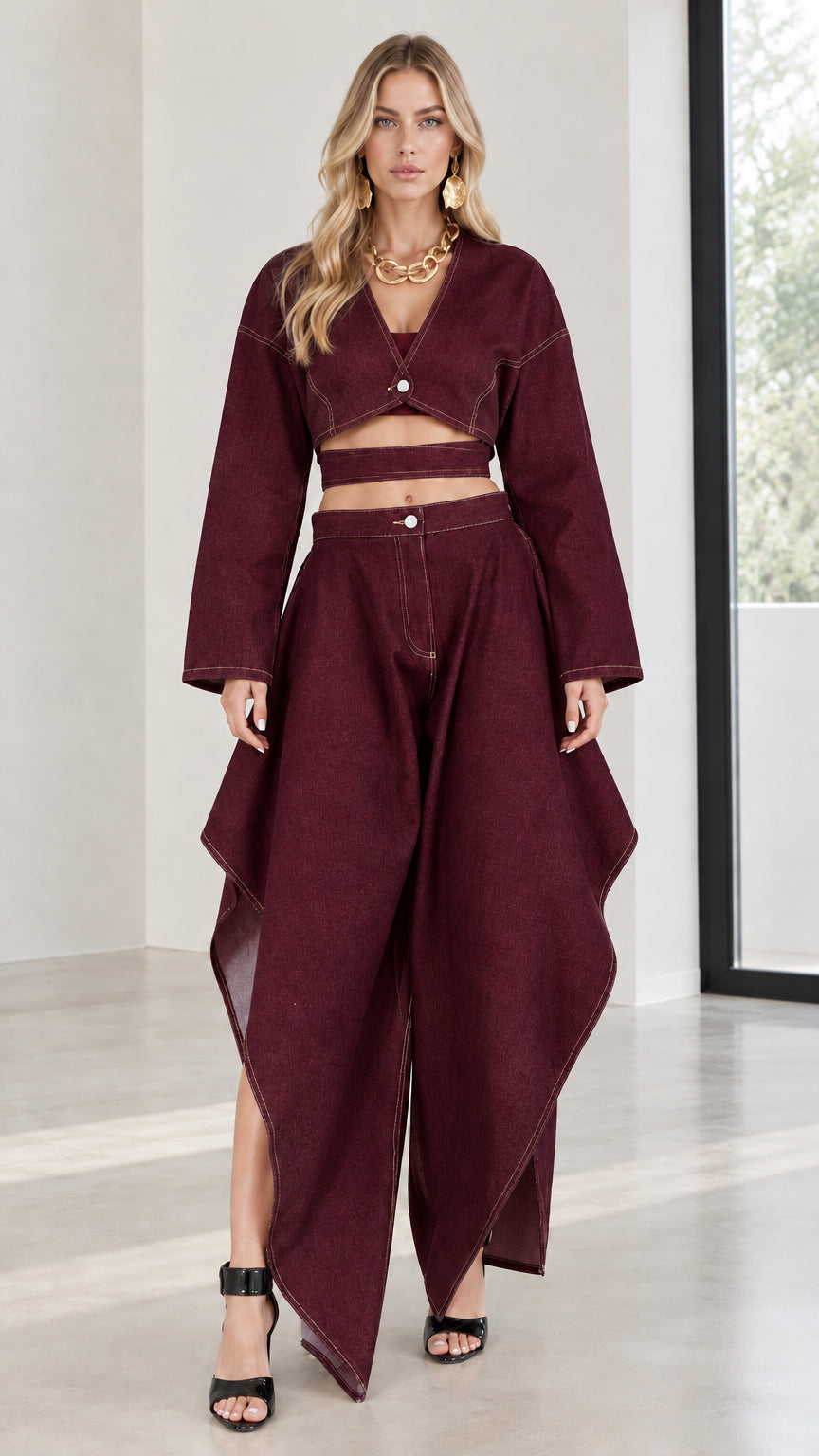 Full-body front view of burgundy cropped top and draped wide-leg pants set