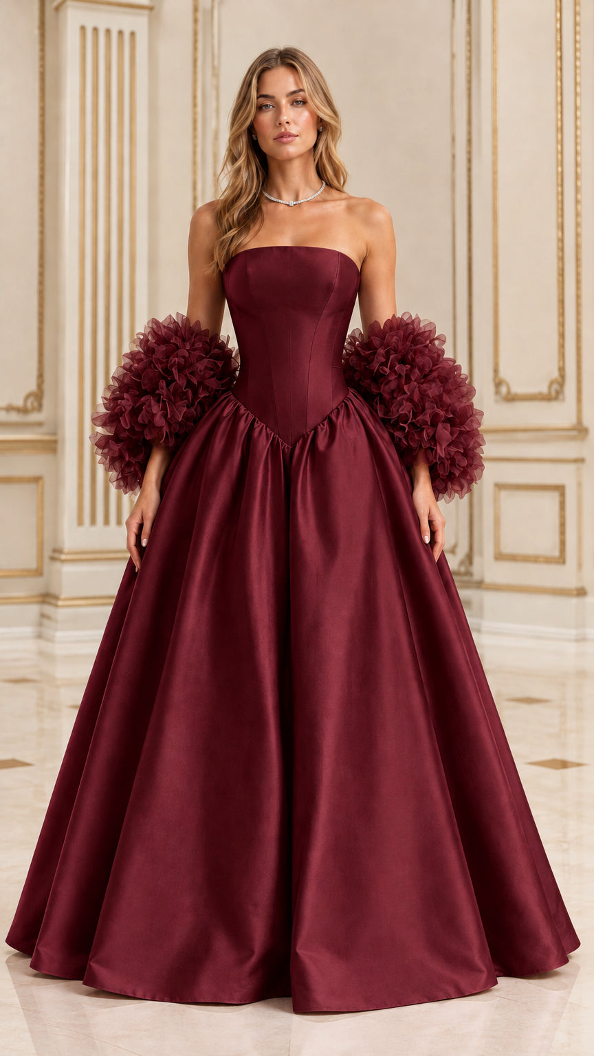 Front view of burgundy strapless ball gown with full pleated skirt and matching ruffle cuffs