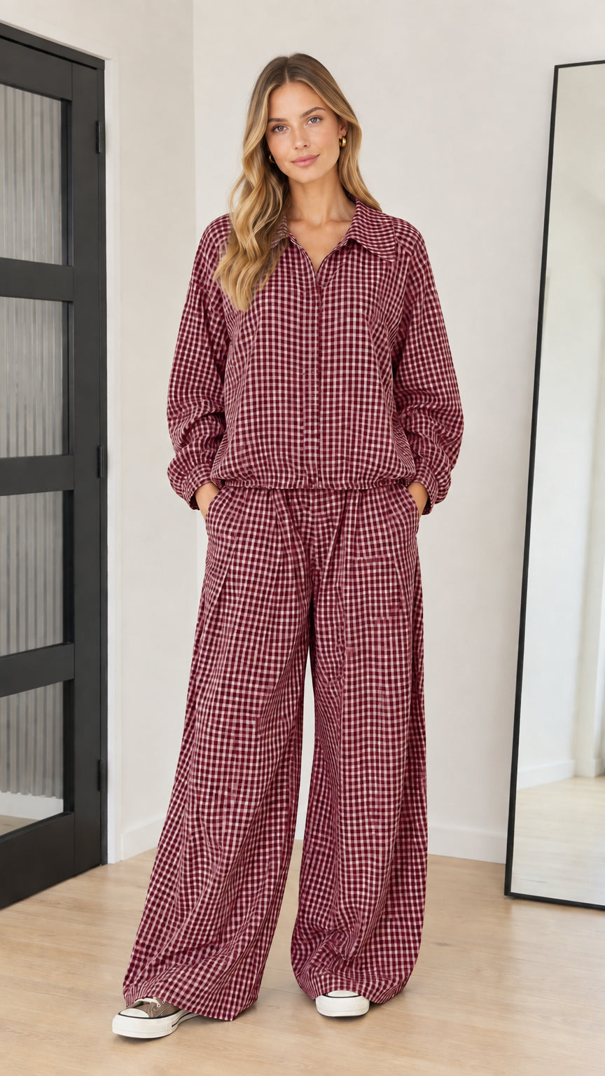 Front full-length view of model wearing burgundy red gingham two-piece matching outfit