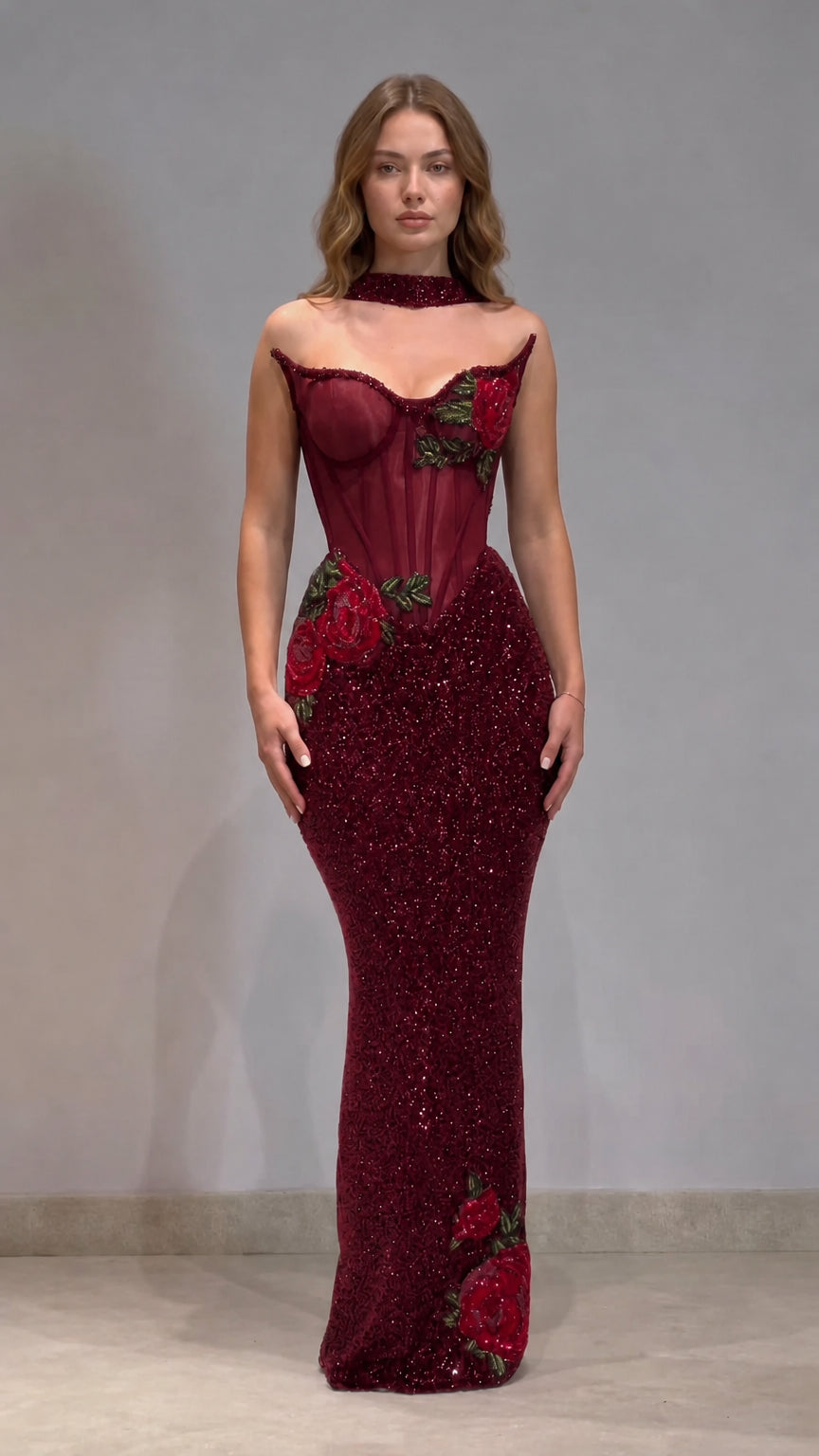 Burgundy wine red corset sequin evening gown with embroidered rose appliques