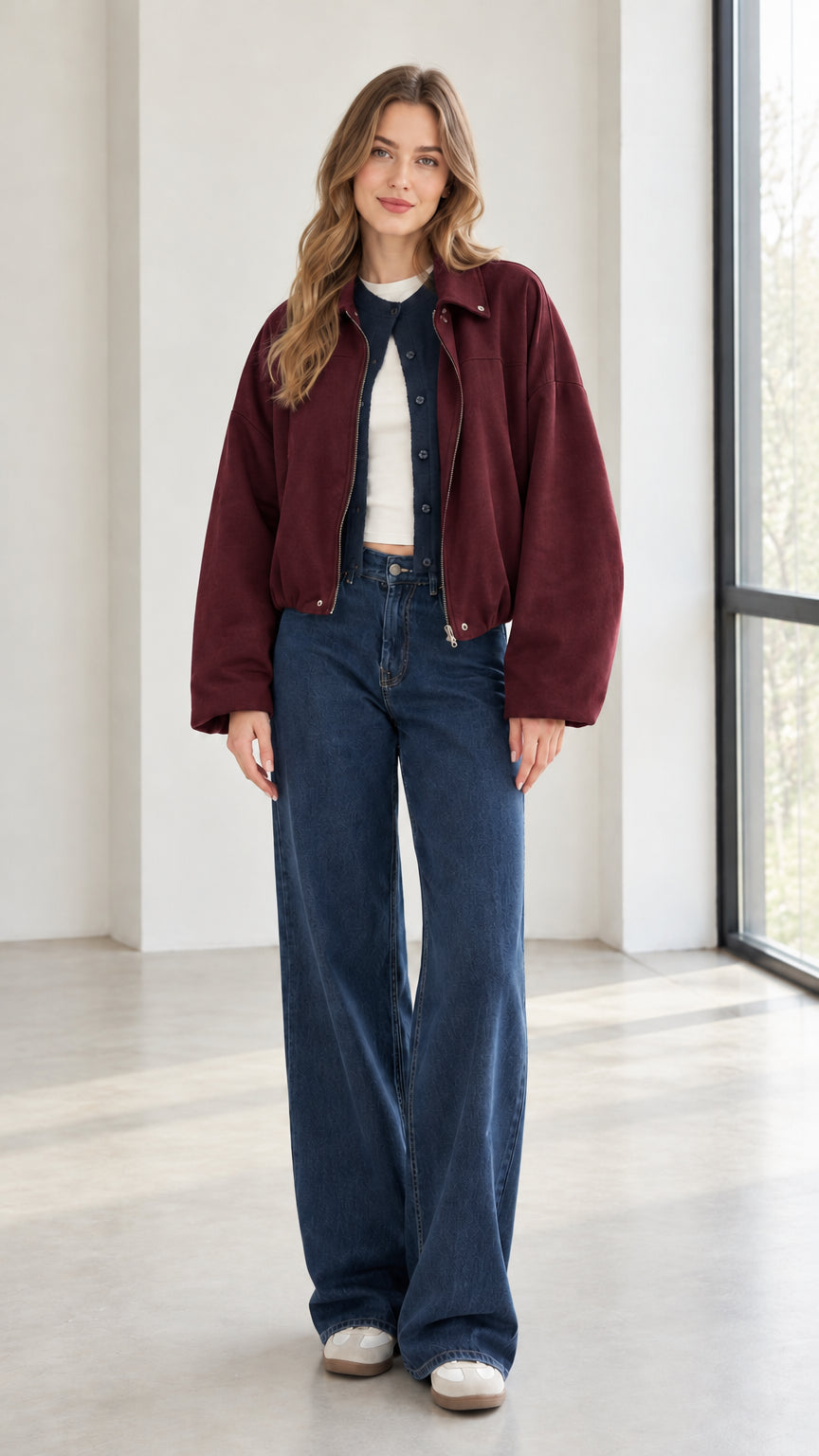 Woman wearing burgundy wine red collared zip-up jacket with denim pants