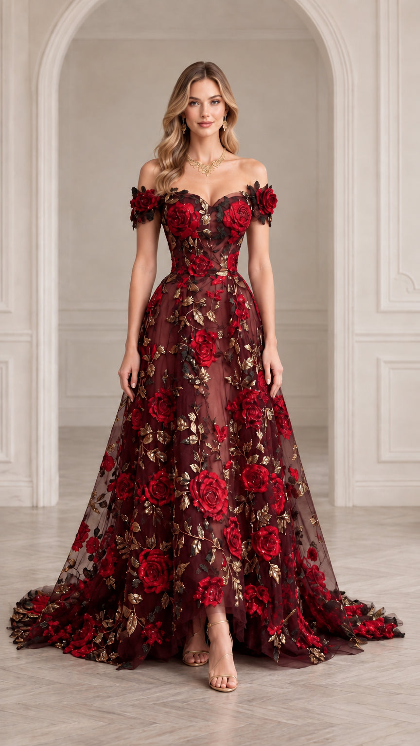 Burgundy wine off-the-shoulder evening dress with red rose floral details