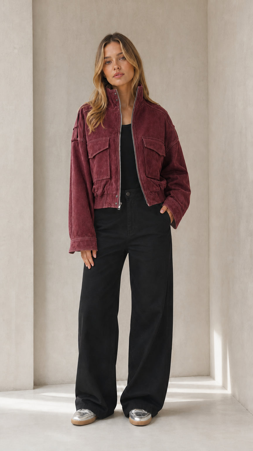 Women's burgundy wine cropped utility jacket styled with black trousers