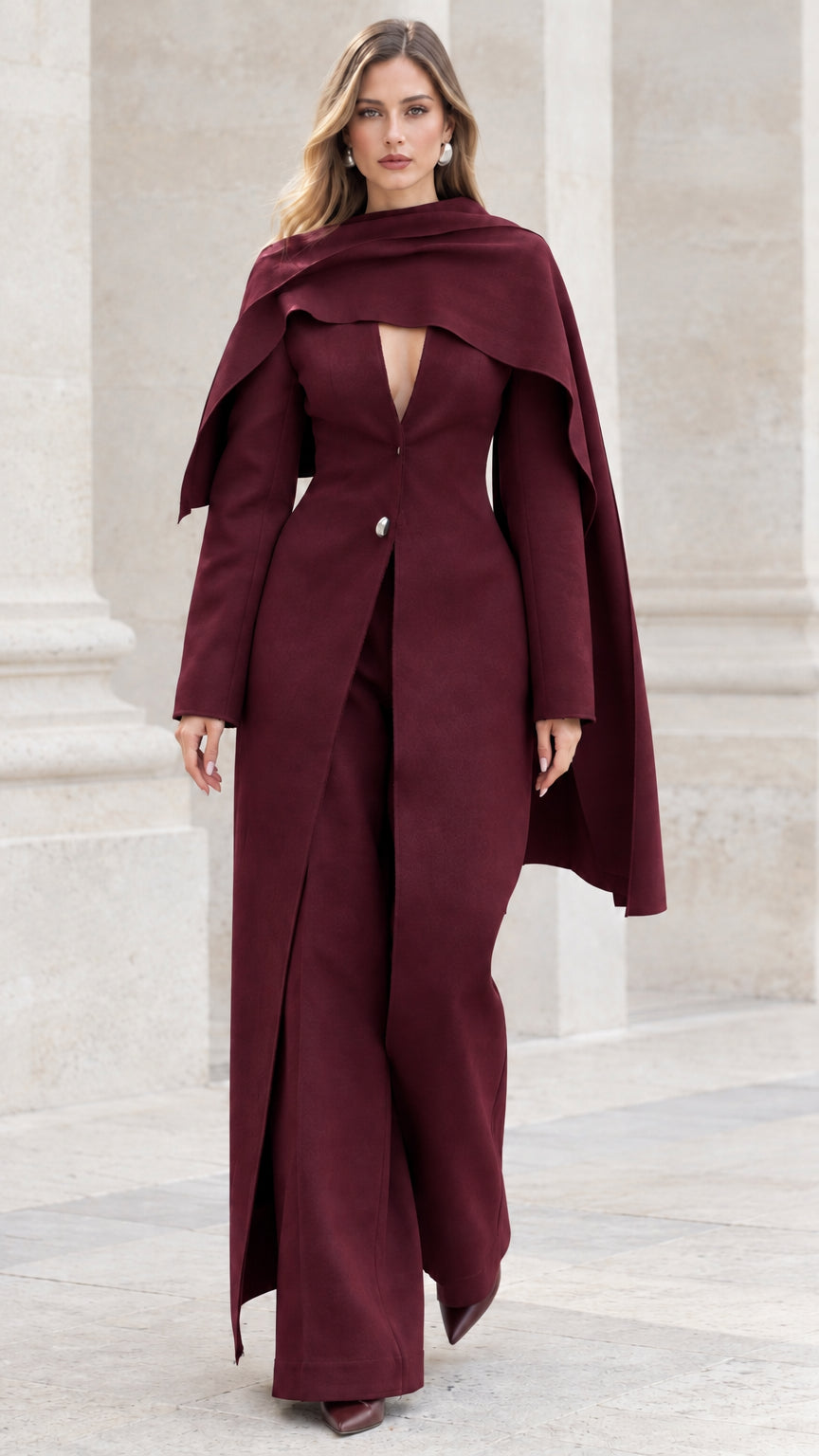 Full-body view of model wearing the burgundy wine red capelet maxi pant suit set