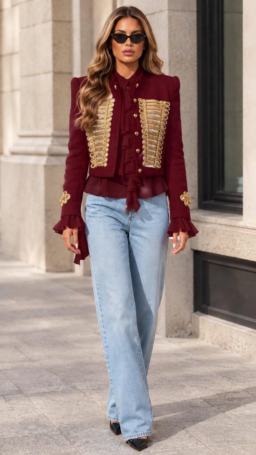 Model wearing burgundy wine red military jacket with gold braiding and ruffled trims