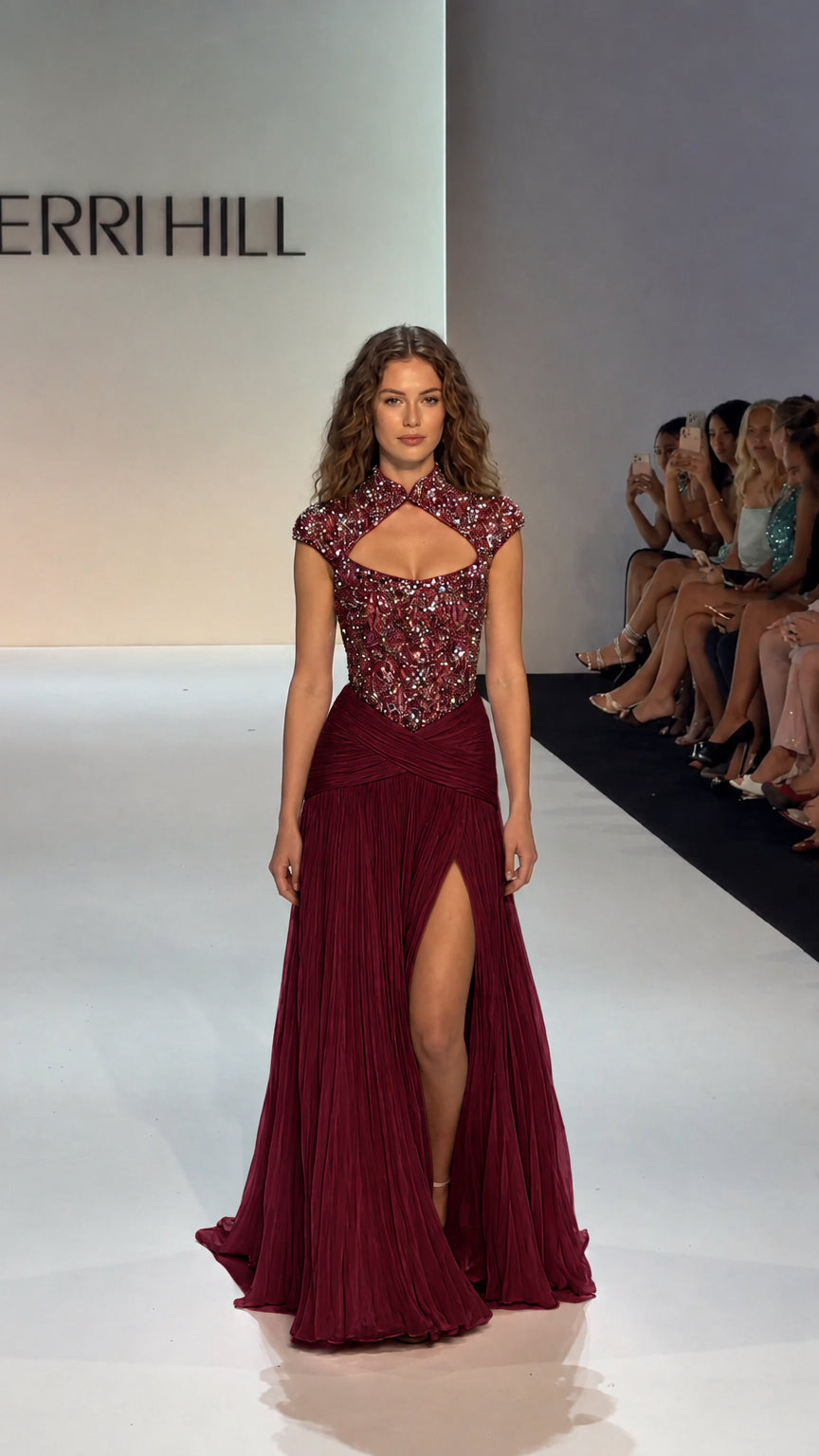 Burgundy wine beaded evening gown with keyhole bodice and pleated slit skirt