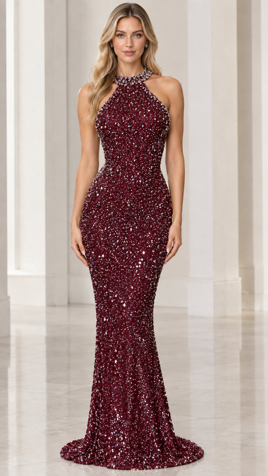Front view of burgundy wine sequin halter mermaid evening dress