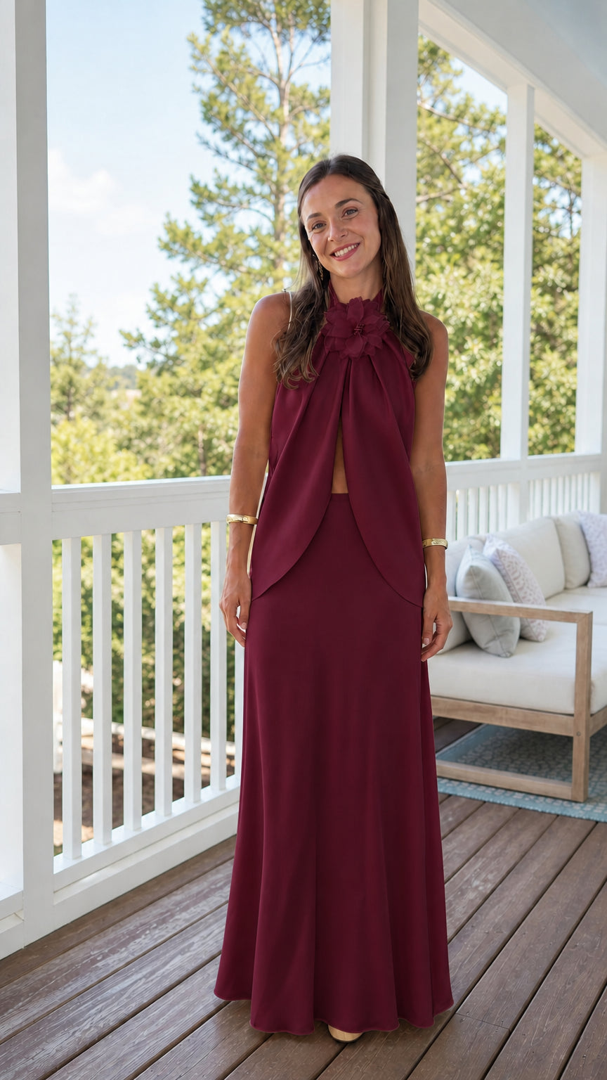 Burgundy wine red floral halter top and maxi skirt two-piece set