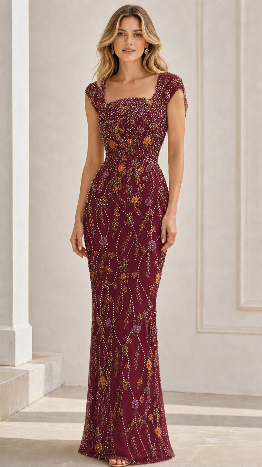 Front view of burgundy wine floral beaded cap sleeve evening gown