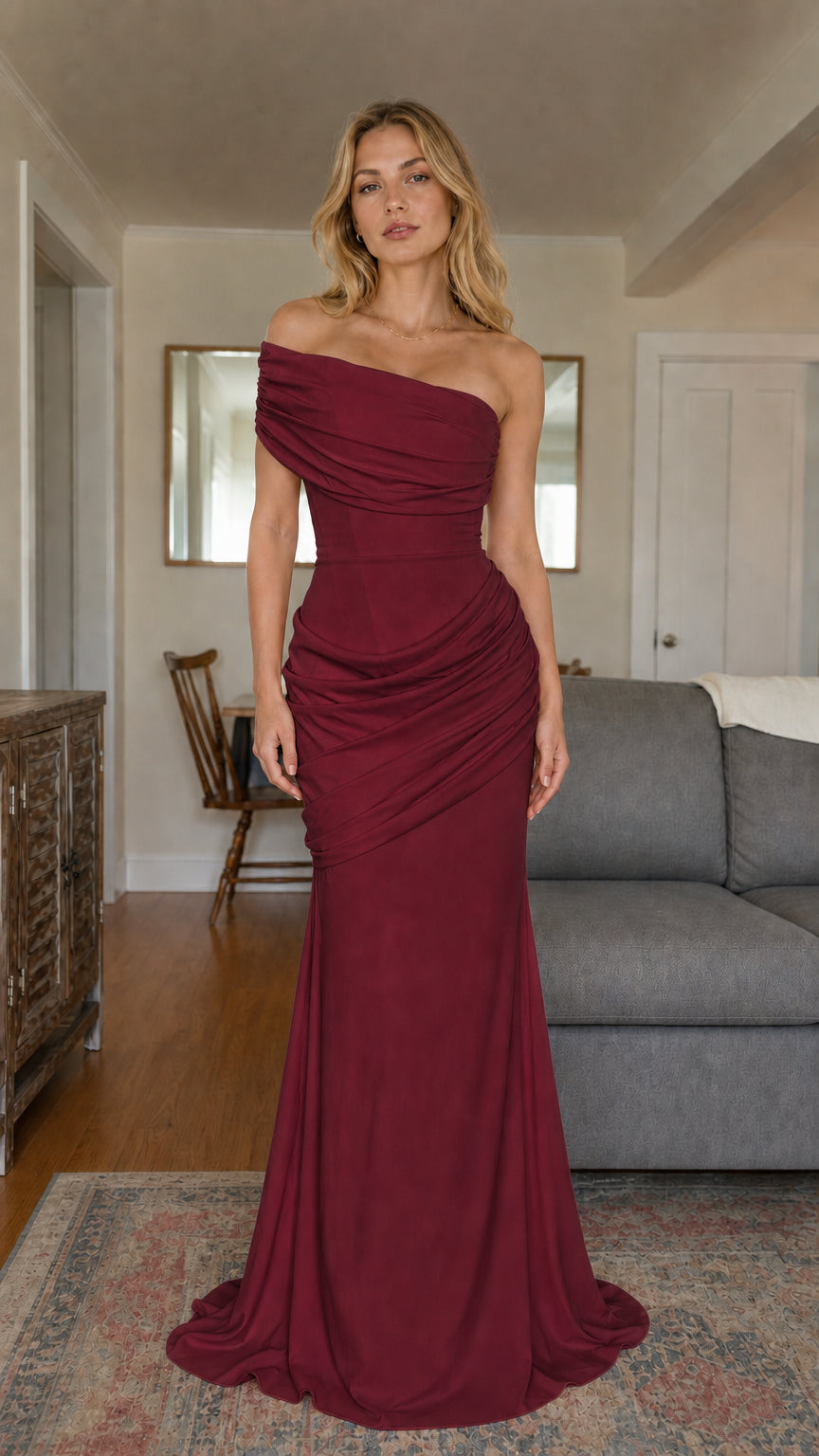 Burgundy wine red off-the-shoulder ruched mermaid formal maxi gown