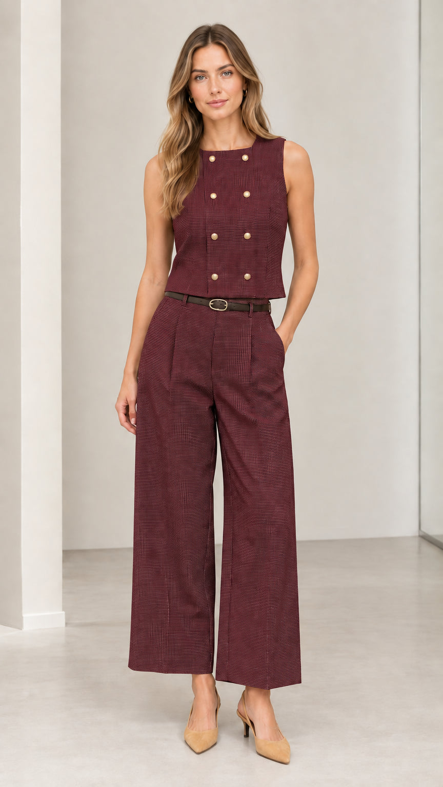 Front full-length view of model wearing burgundy wine sleeveless vest and wide-leg trousers two-piece set
